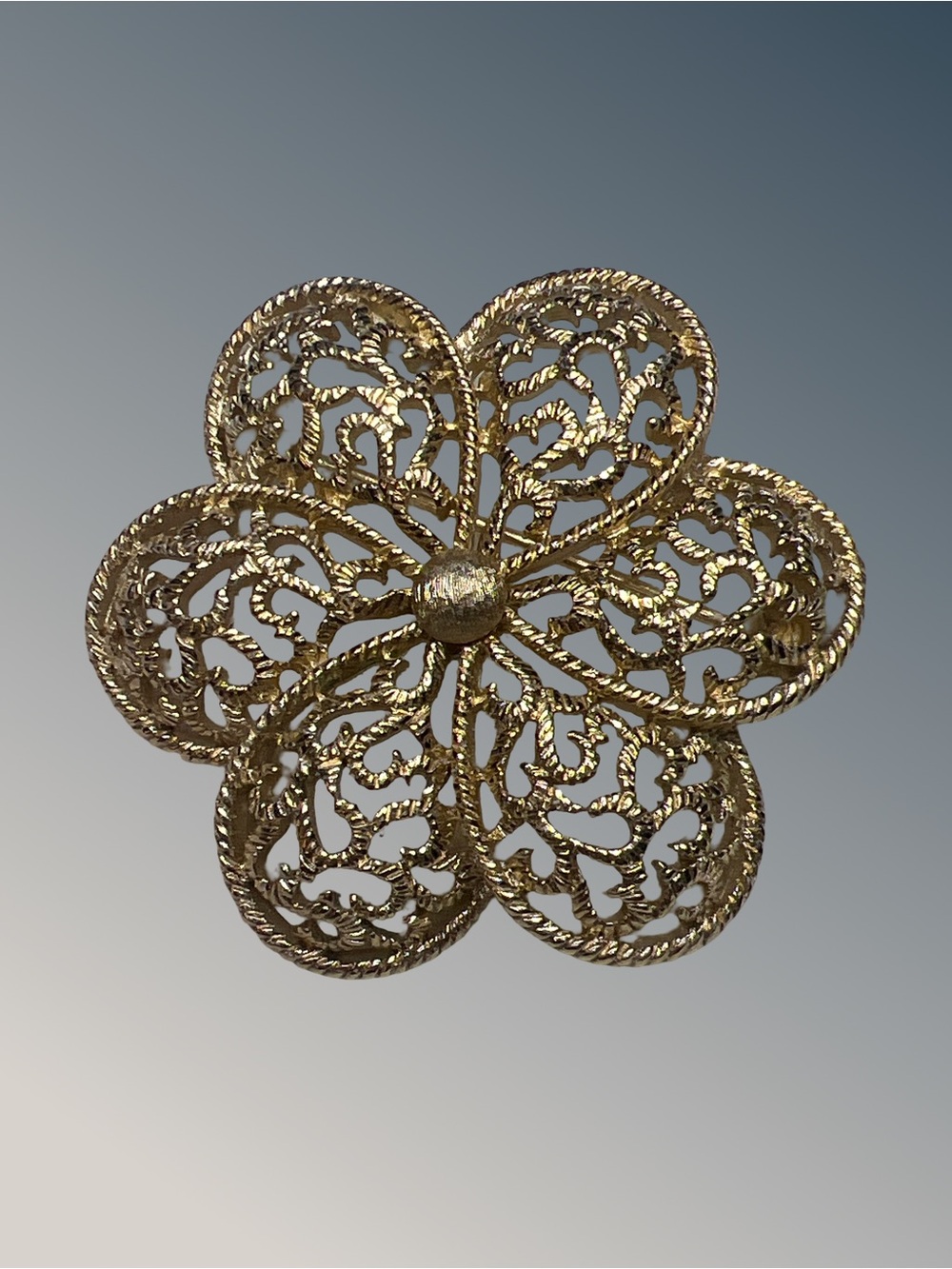 Vintage Crown Trifari Gold Tone Filigree Flower Brooch Floral Pin